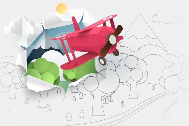 Paper art of pink plane flying through paper of hand drawing forest and river vector