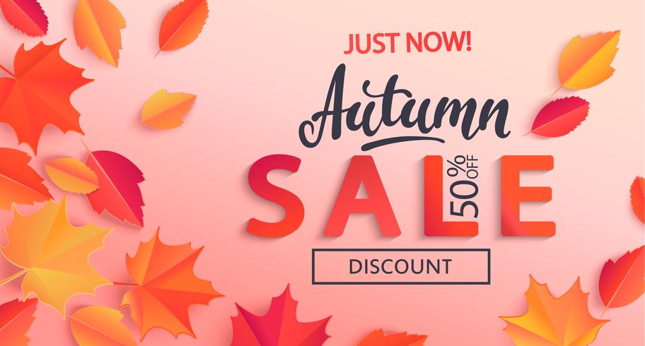 Autumn sale banner with half price discount surrounded by colorful autumn leaves vector