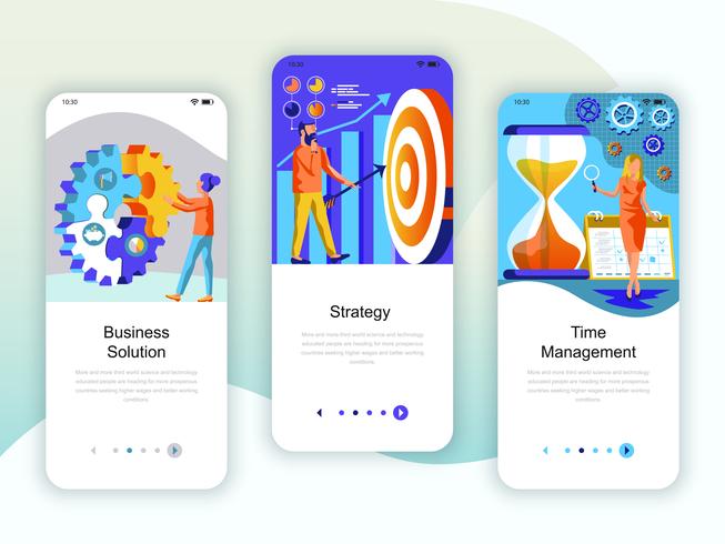 Set of onboarding screens user interface kit for Solution, Strategy, Time Management, vector