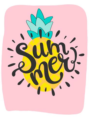 Tarjeta de verano brillante linda con piña y handdrawn palabra verano vector