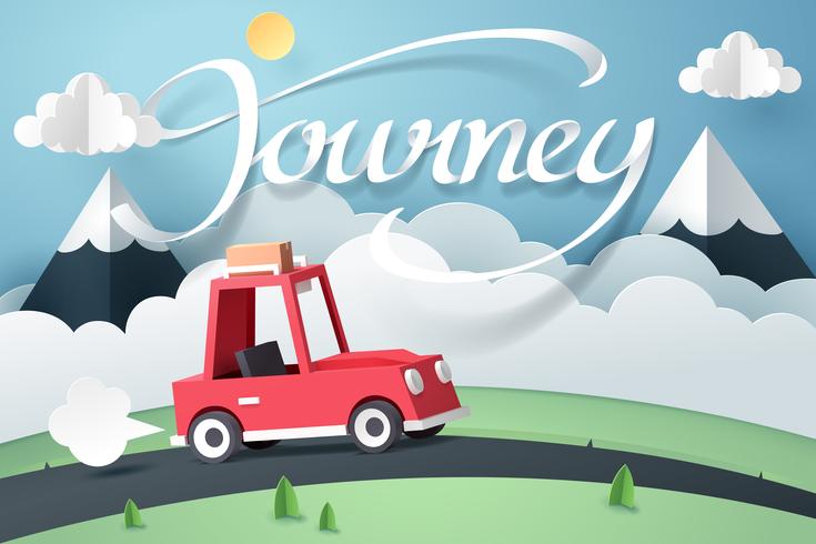 Paper art of red car near mountain and journey calligraphy lettering vector