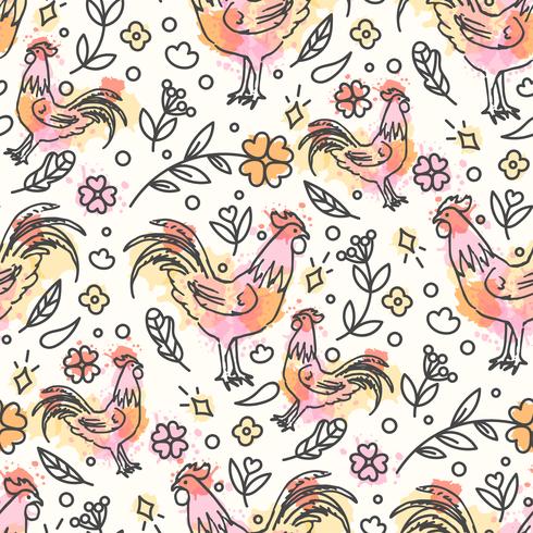 Hand Drawn Rooster Seamless Pattern. Chinese New Year - Download Free Vector Art, Stock Graphics & Images