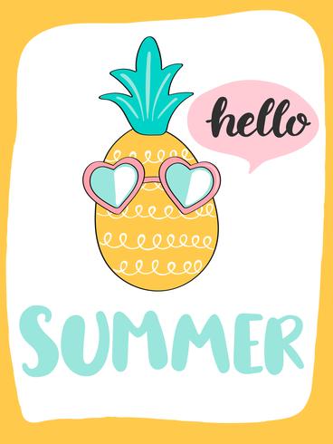 Linda tarjeta de verano brillante con piña y letras handdrawn vector