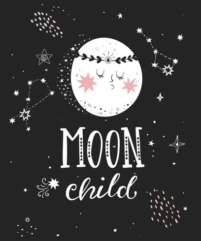 Moon child poster with full moon. vector