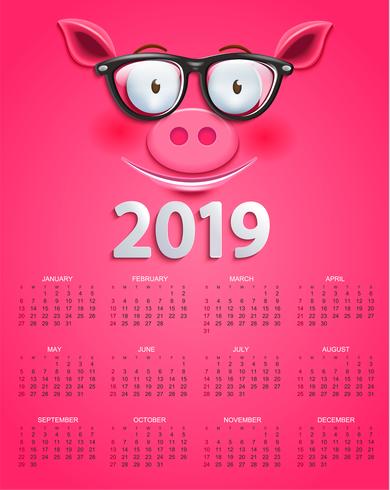 Cute calendar for 2019 year with clever pig's face vector