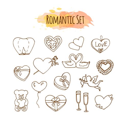 Ilustraciones romanticas Conjunto de boda dibujado a mano. Elementos de estilo Doodle para feliz día de San Valentín. vector