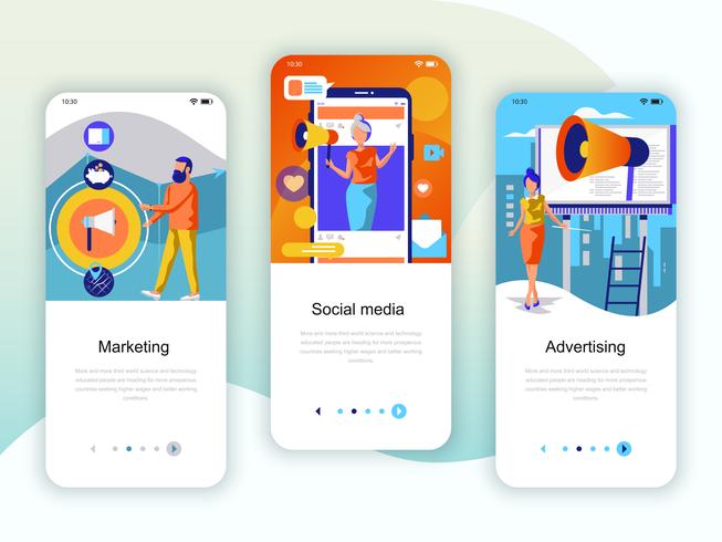 Set of onboarding screens user interface kit for Marketing, Social Media vector