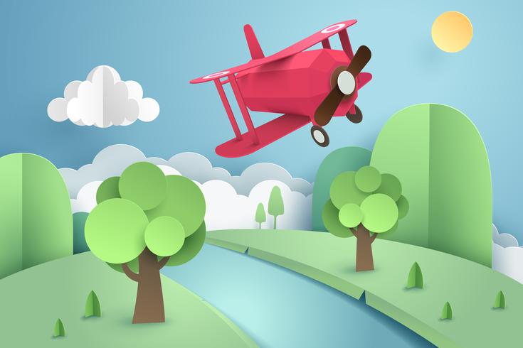 Paper art of pink plane flying above forest and river, origami and travel concept vector