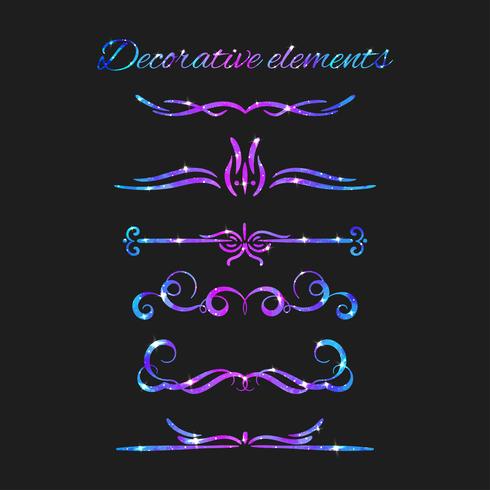 Vector Florece. Set de separadores. Dibujados a mano remolinos decorativos con brillo. Decoraciones caligráficas con destellos. Textura del espacio Efecto de estrellas resplandecientes.