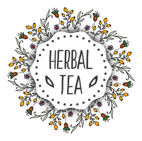 Herbal tea tags background. Round frame with herbs vector