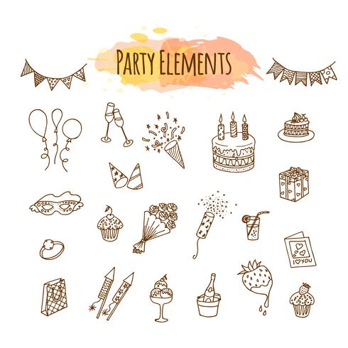 Hand drawn party decorations and elements. Birthday decorative illustration. vector