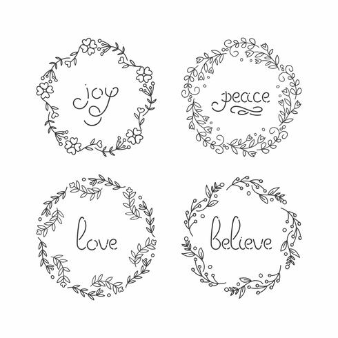 Floral wreath set. Line lettering. Greeting typography. vector