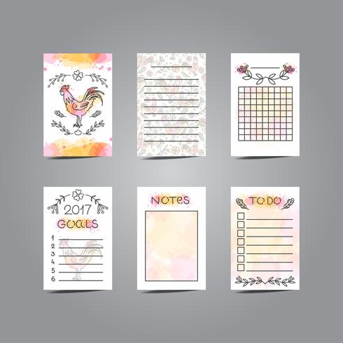Printable Journaling Cards with Rooster Illustration. Line Style vector