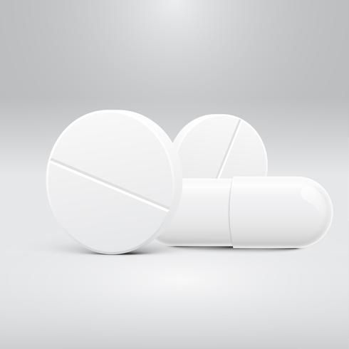 White pill on a grey background, realistic vector illustration