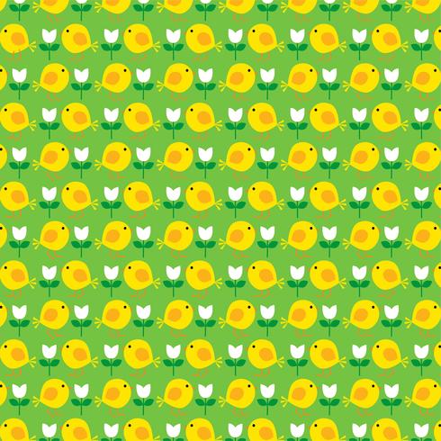 Easter chick pattern with tulips on green background vector
