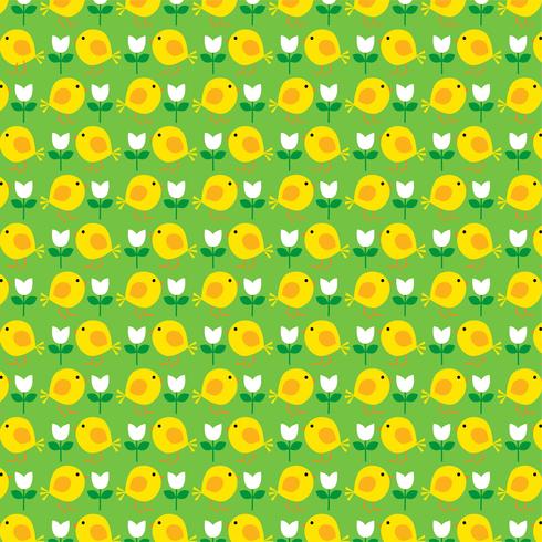 Easter chick pattern with tulips on green background vector