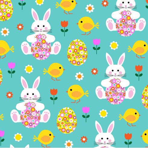 Easter bunny chick and flower egg pattern vector