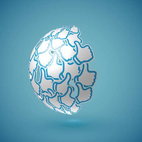 Blue realistic shaded 'thumbs up' globe with connections, vector illustration