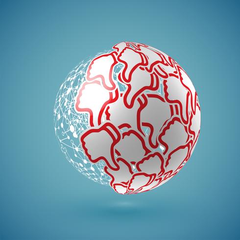 Blue realistic shaded 'thumbs up' globe with connections, vector illustration