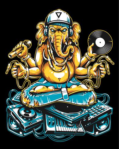 Ganesha Dj sentado en cosas musicales electrónicas vector