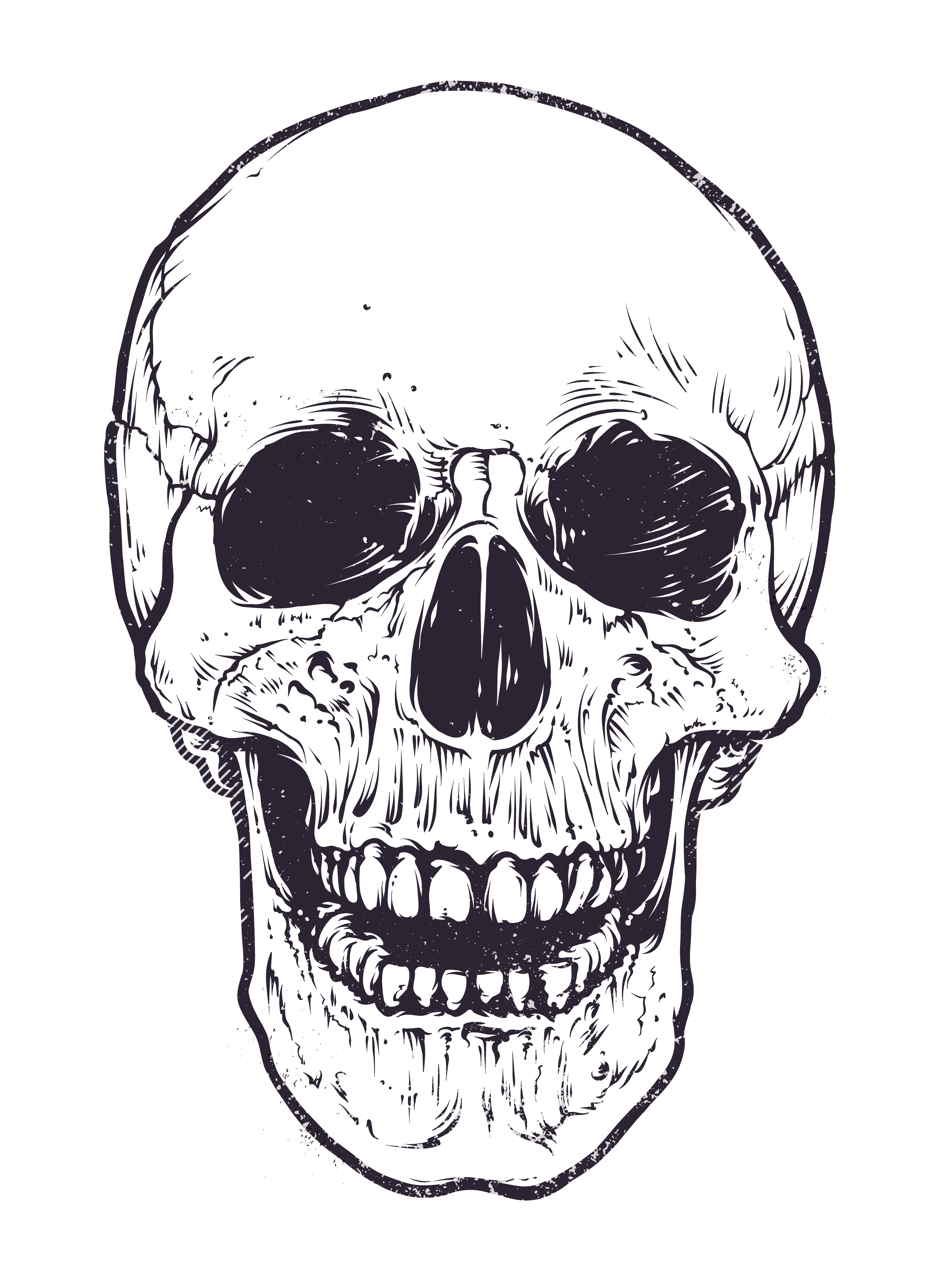 Detailed hand-drawn illustration of skull with open mouth. 