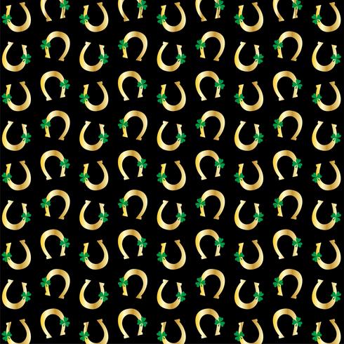 Saint Patrick's Day gold horseshoe and shamrock pattern on black background  vector