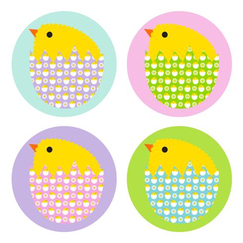 Pollitos de pascua en huevos con dibujos vector