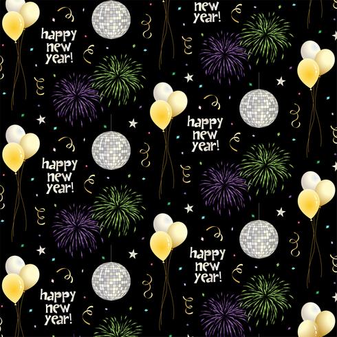 new years eve vector pattern with balloons and fireworks on black background