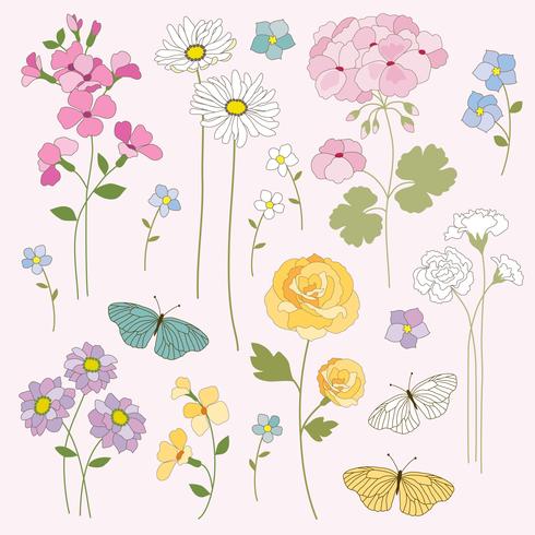 hand drawn flowers and butterflies clipart vector