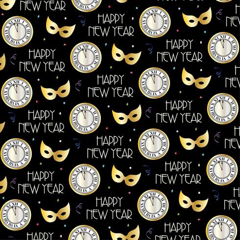 new years eve vector pattern with clocks and gold masks