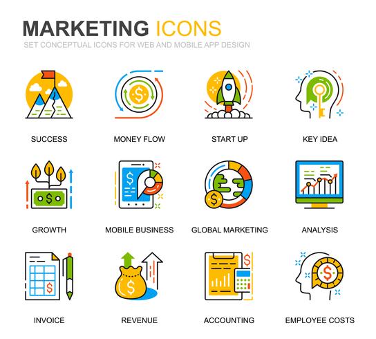 Sencillo conjunto de iconos de línea de negocios y marketing para sitios web y aplicaciones móviles vector