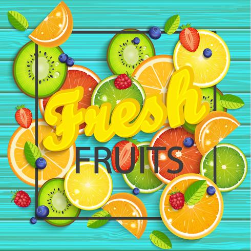 Blue wooden background with tropical fruits. vector