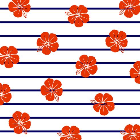 Red hibiscus on marine stripes.  vector