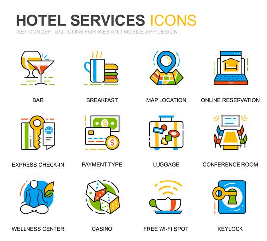 Conjunto de iconos de línea de servicio de hotel simple para aplicaciones web y móviles vector