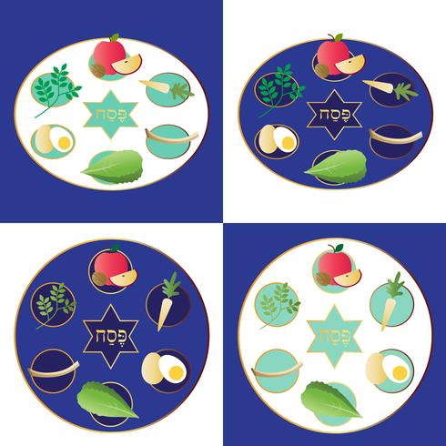 Platos de seder de pascua con comida. vector