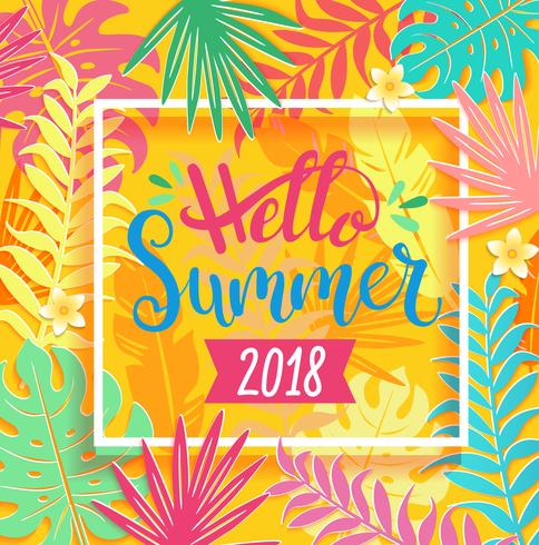 Hello summer 2018 lettering on tropical leaves. vector