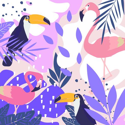 Fondo de hojas de selva tropical con flamencos y tucanes. vector