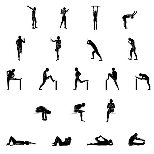 Stretching Exercise Icon Set to stretch arms, legs, back and neck. vector