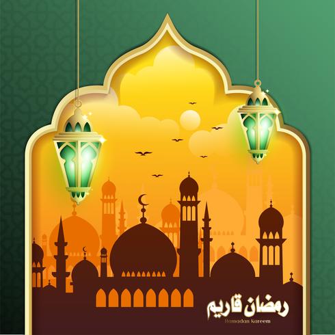 Elegante diseño de Ramadan Kareem con linterna colgante de Fanoos y fondo de mezquita vector