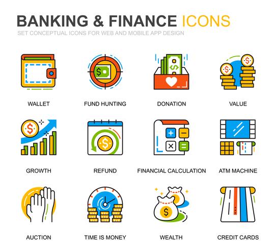 Conjunto simple de iconos de líneas bancarias y financieras para aplicaciones web y móviles vector