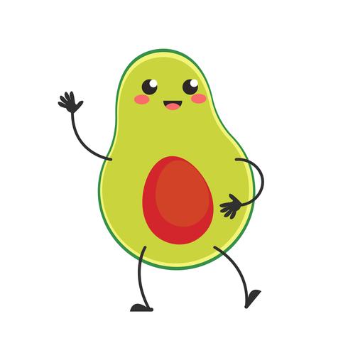 Un lindo personaje de aguacate. Bailando y saludando. Cara de la sonrisa. Vector ilustración plana