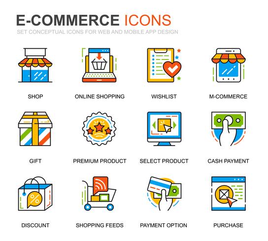 Conjunto sencillo de iconos de línea de comercio electrónico y compras para aplicaciones web y móviles vector