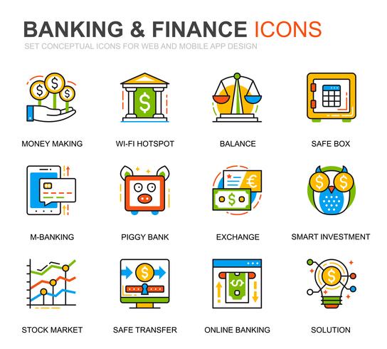 Conjunto simple de iconos de líneas bancarias y financieras para aplicaciones web y móviles vector