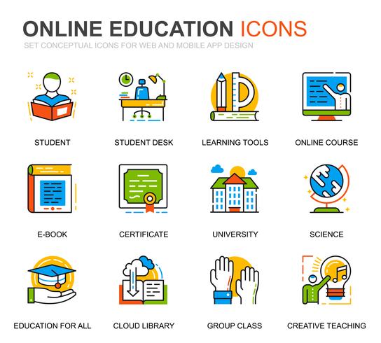 Conjunto simple de iconos de líneas de educación y conocimiento para sitios web y aplicaciones móviles vector