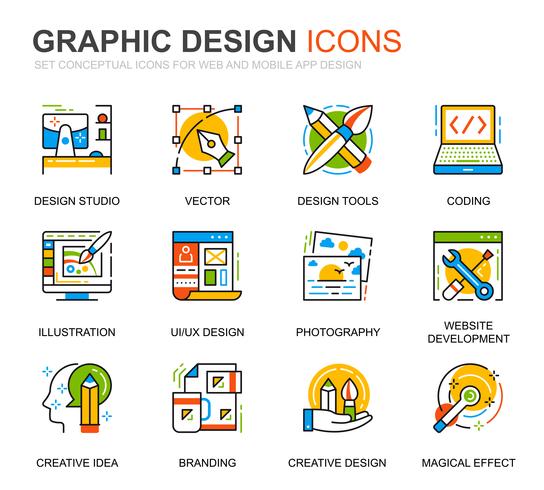 Conjunto sencillo de iconos de línea de diseño gráfico y web para aplicaciones web y móviles vector