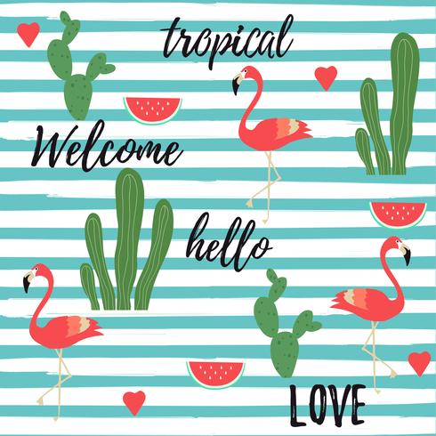 Fondo tropical con flamencos, sandía, cactus y hojas de selva tropical. vector