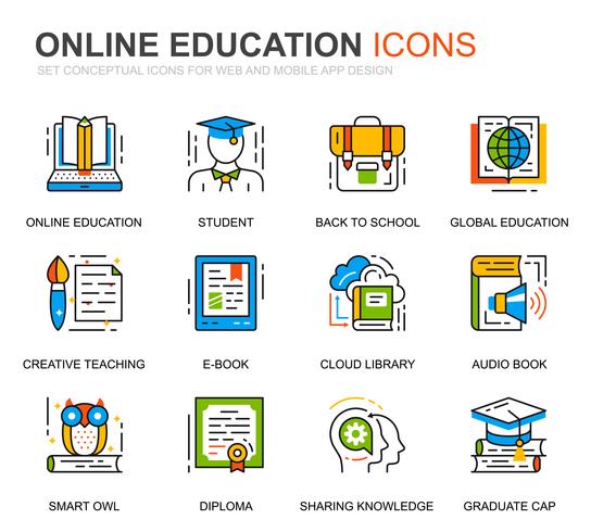 Conjunto simple de iconos de línea de conocimiento y educación para sitio web vector