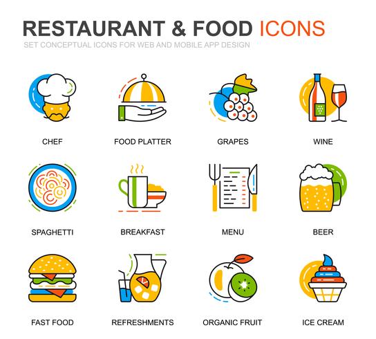 Sencillos iconos de restaurante y línea de comida para aplicaciones web y móviles vector