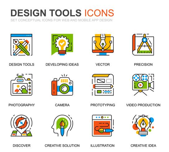 Iconos de línea de herramientas de diseño simple para aplicaciones web y móviles vector
