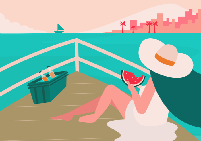 Chica comiendo sandía disfrutando el verano en barco ilustración vectorial vector